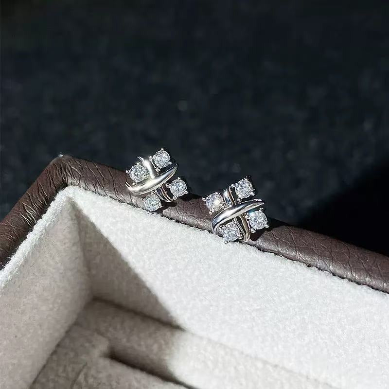 S925 Silver Criss-Cross Ribbon Four-Stone Stud Earrings Minimalist Geometric CZ Dainty Earrings