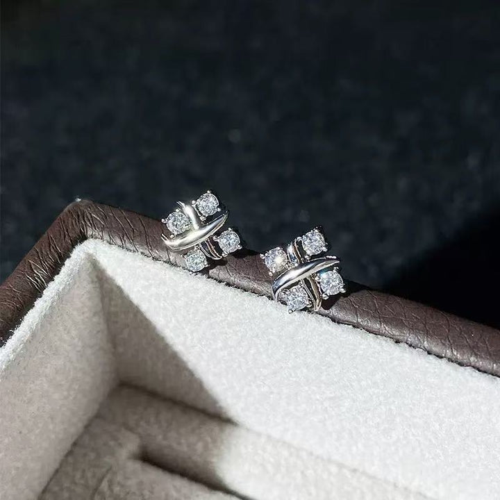 S925 Silver Criss-Cross Ribbon Four-Stone Stud Earrings Minimalist Geometric CZ Dainty Earrings