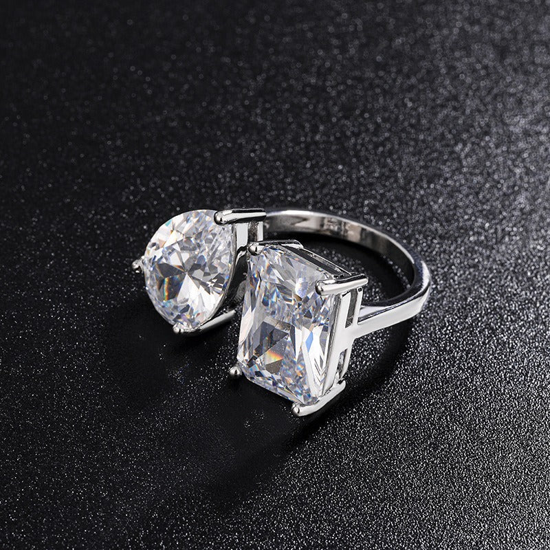 18K Gold Geometric Two-Stone Open Ring Asymmetrical Toi et Moi Ring