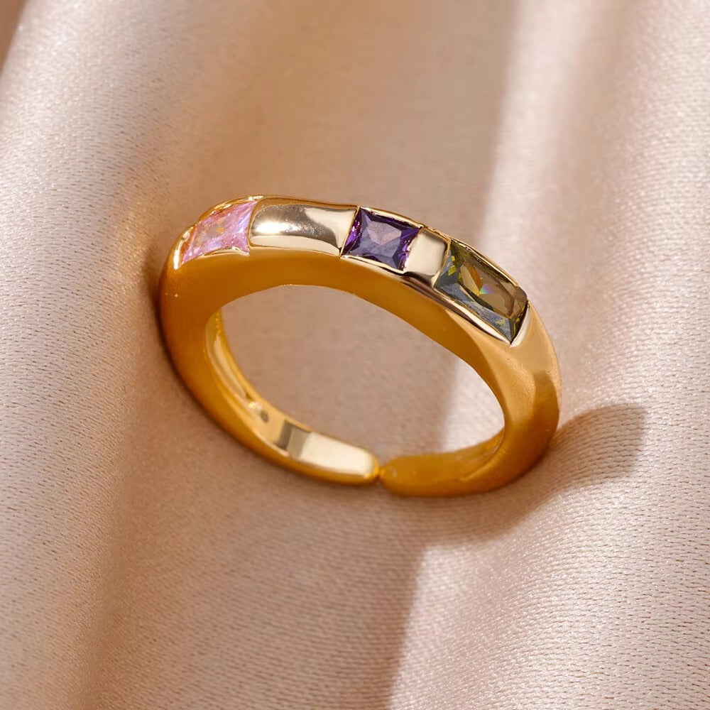 Prismatic Flow Geometric Cut Colorful Gemstone Wide Band Adjustable Ring