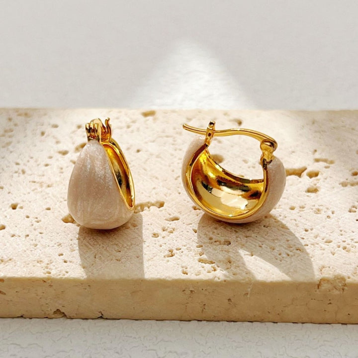 18K Gold Cream Frosted Teardrop Huggie Hoops Minimalist Sculptural Earrings