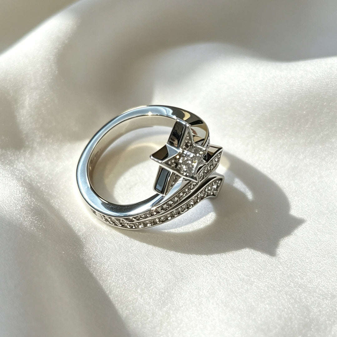 S925 Sterling Silver Shooting Star Pavé Ring Celestial Statement Ring