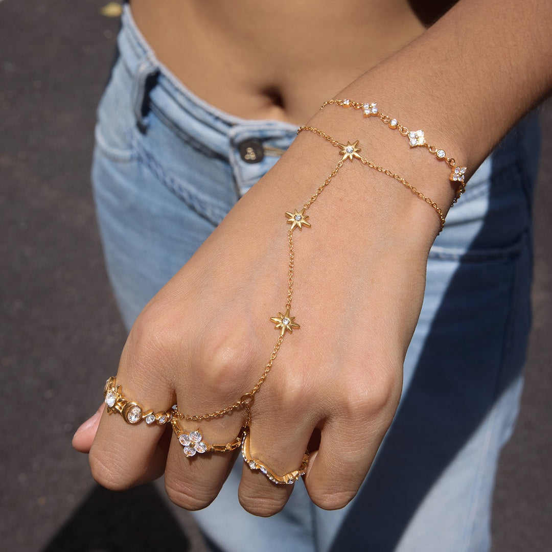 18K Gold Waterproof Stainless Steel Rings & Finger Bracelet Set