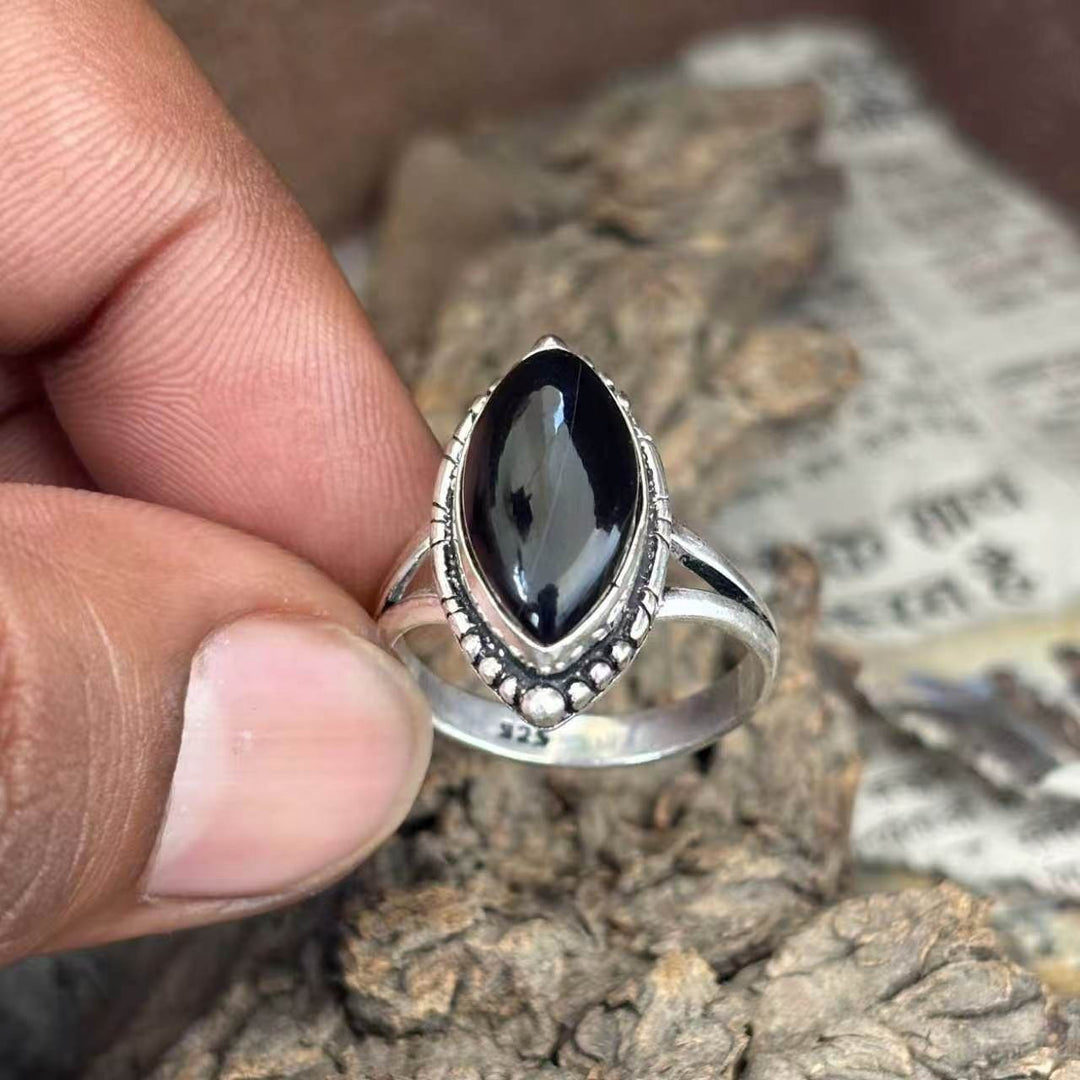 Natural Protection Shield & Strength Vintage Black Agate Silver Ring