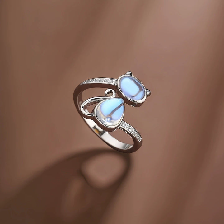 S925 Sterling Silver Moonstone Cat Ring