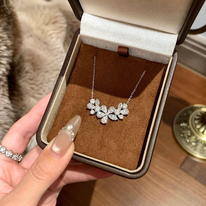 S925 Silver French Floral Cluster Necklace Marquise & Pear Cut CZ Statement Chain