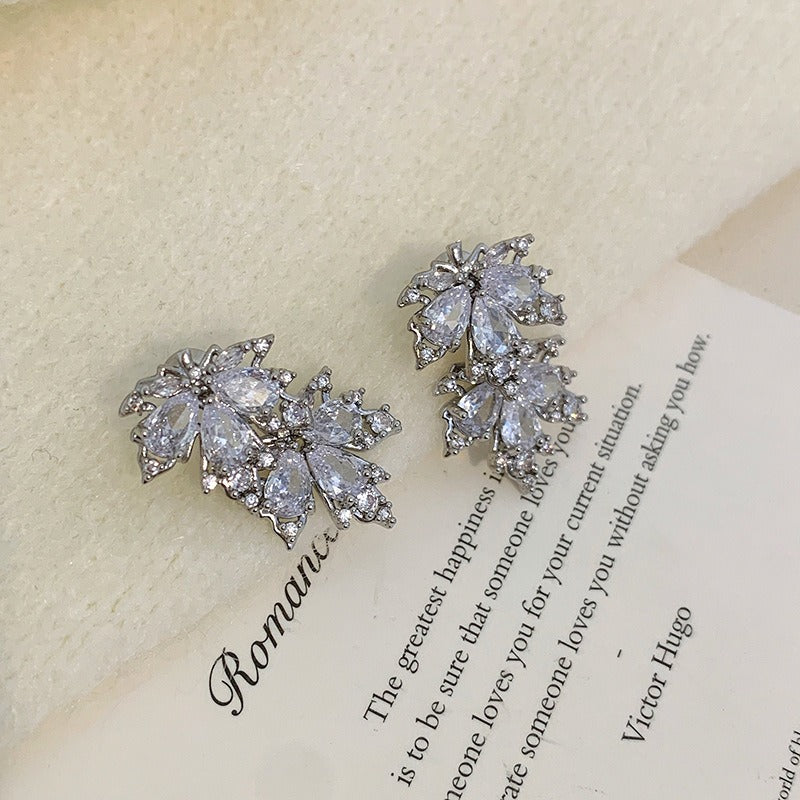 S925 Silver Maple Leaf CZ Stud Earrings