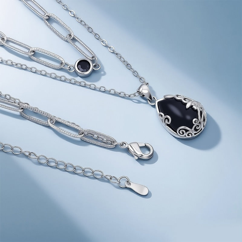 S925 Silver Vintage Black Obsidian Necklace