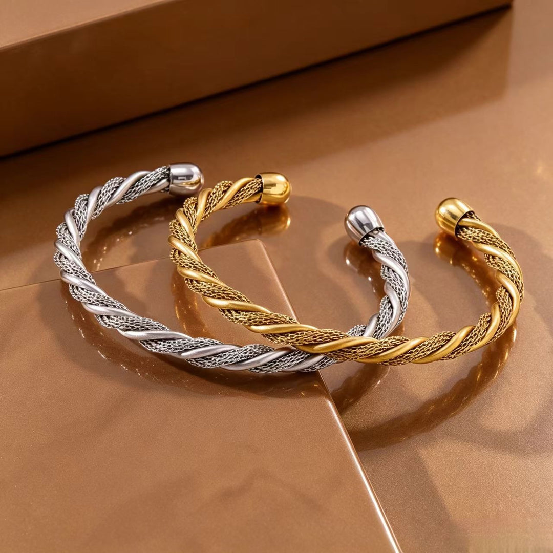 14K Gold Vintage Mesh & Twisted Bangle Classic Woven Texture Bracelet