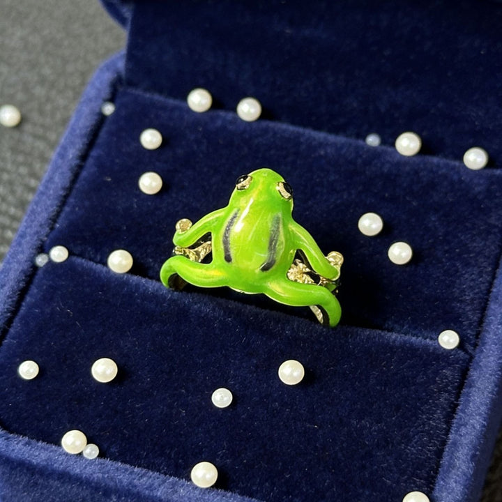 18K Gold Enamel Frog Open Ring