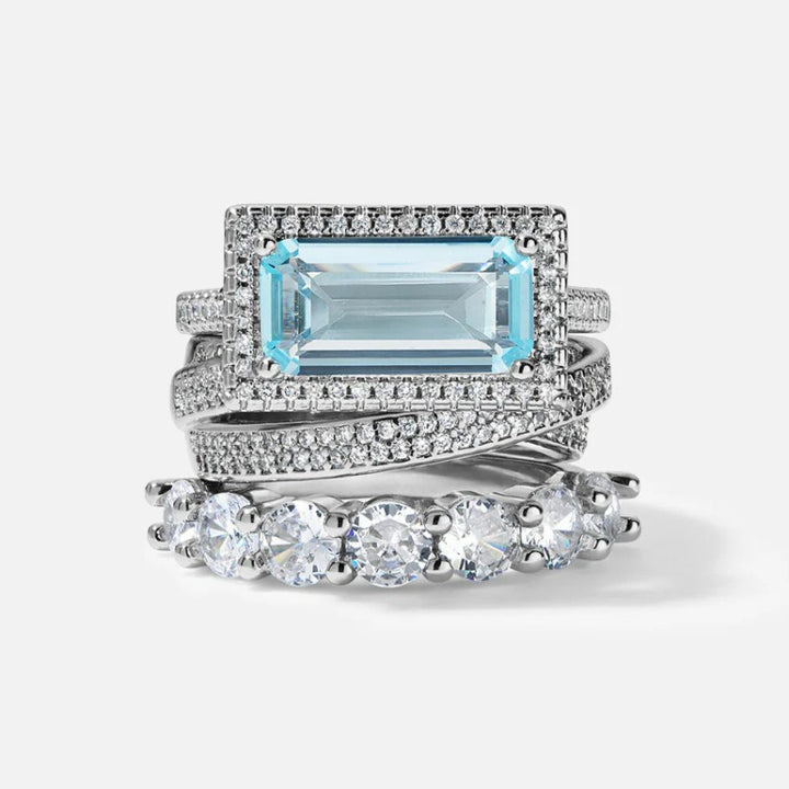 S925 Sterling Silver Vintage Rectangular Stone 3-Piece Ring Set Luxe Stacking Pavé Band Set