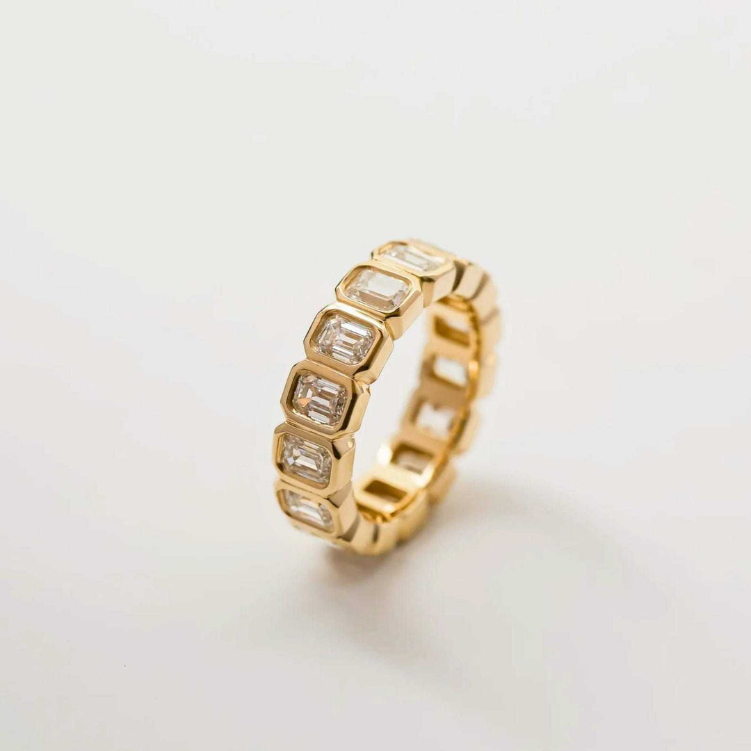 18K Gold Emerald Cut Eternity Band Geometric Bezel Set Ring