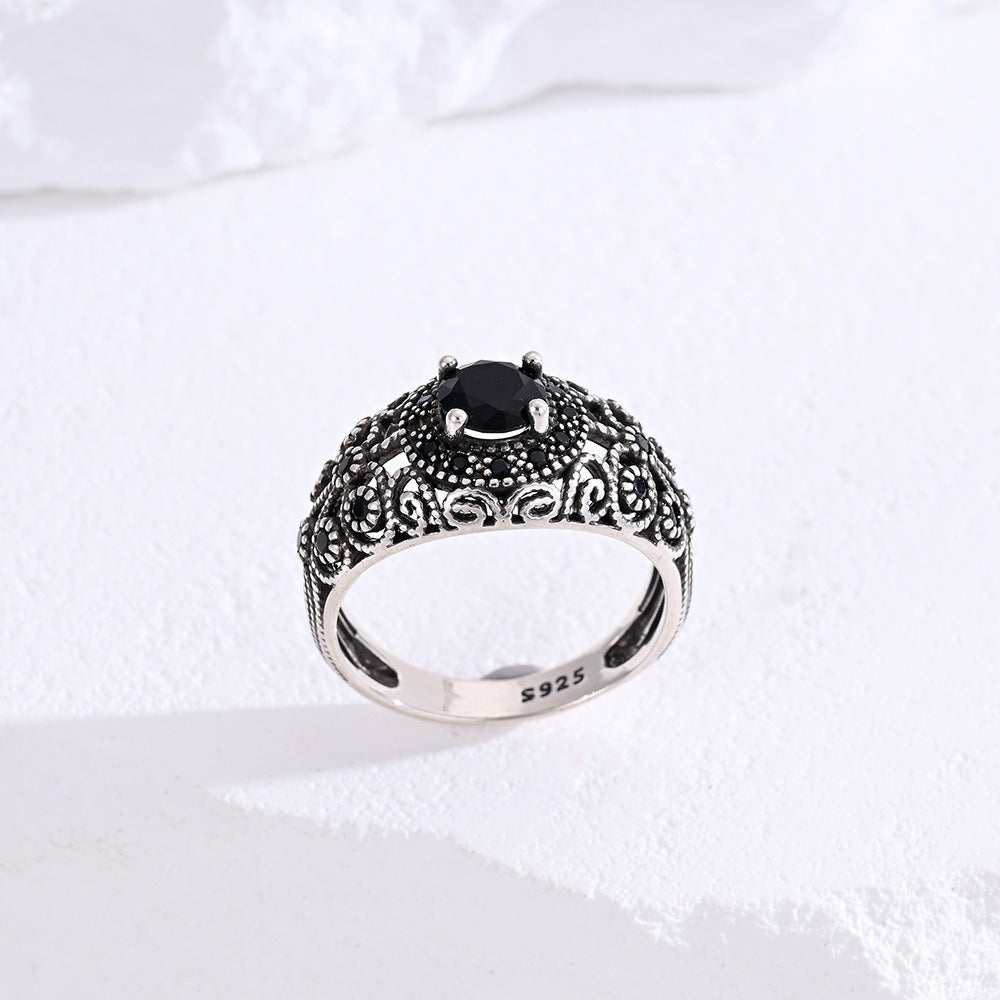 Dark Guardian · S925 Sterling Silver Vintage Carved Obsidian Ring