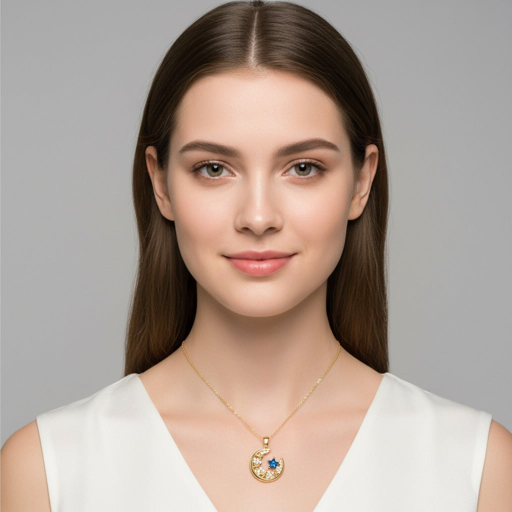18K Gold Blue CZ Star & Moon Necklace