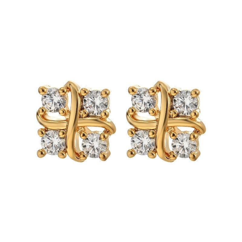 S925 Silver Criss-Cross Ribbon Four-Stone Stud Earrings Minimalist Geometric CZ Dainty Earrings