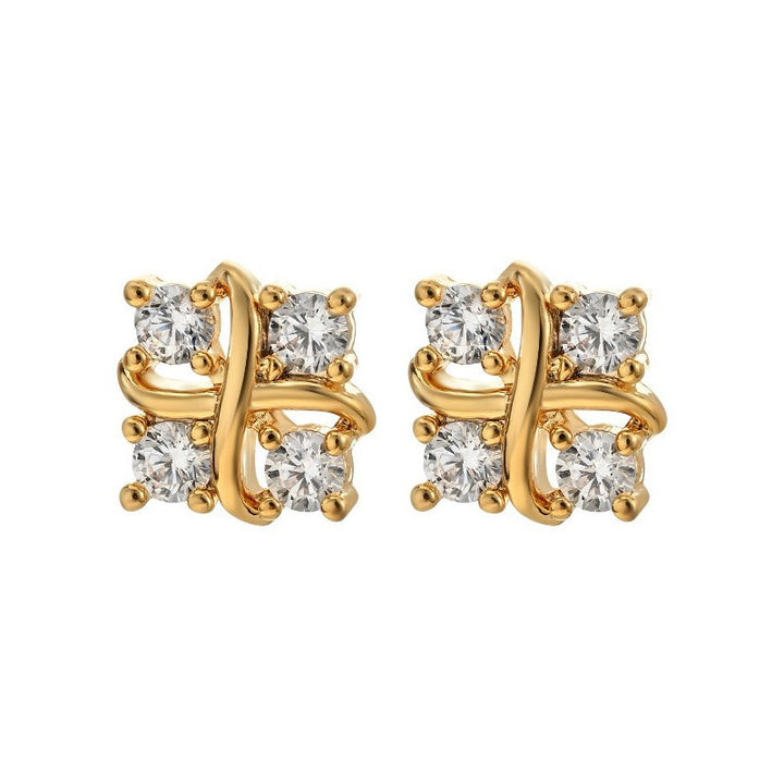 S925 Silver Criss-Cross Ribbon Four-Stone Stud Earrings Minimalist Geometric CZ Dainty Earrings