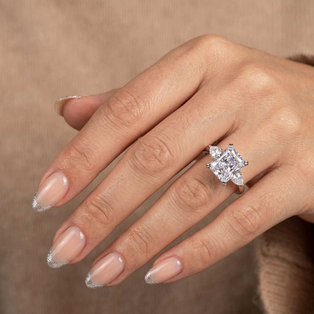 S925 Silver Cushion Cut Three-Stone Ring Pear Accent Engagement Ring