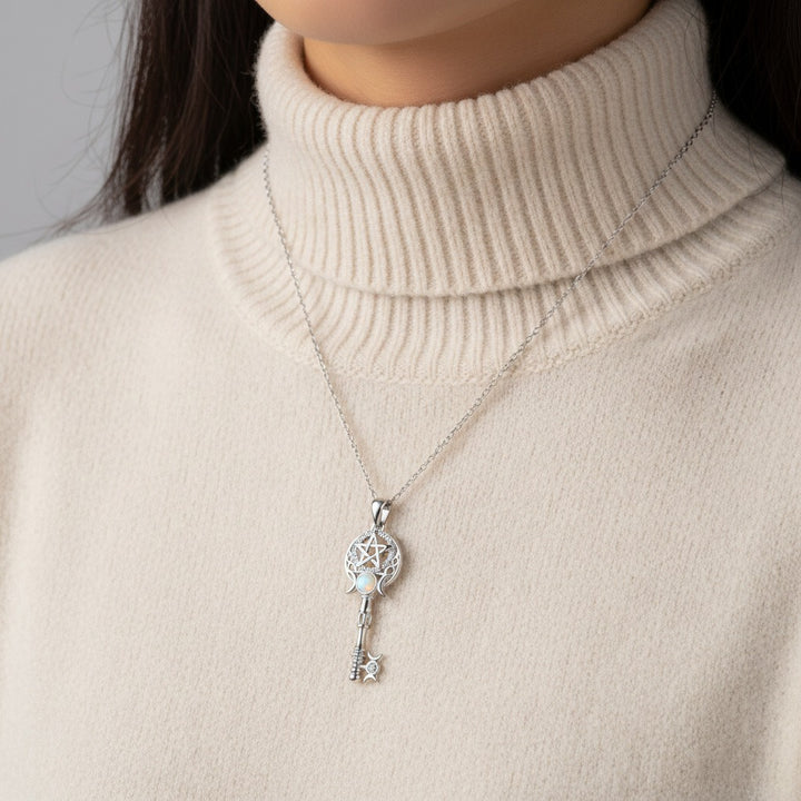 S925 Silver Opal Triple Moon Goddess Key Necklace