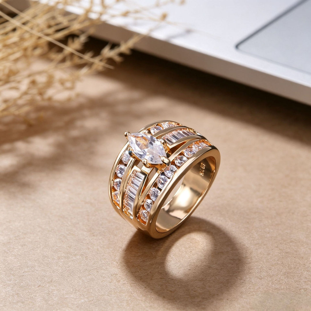 Vintage Wide Marquise Statement Mixed-Cut Pave Bands Ring