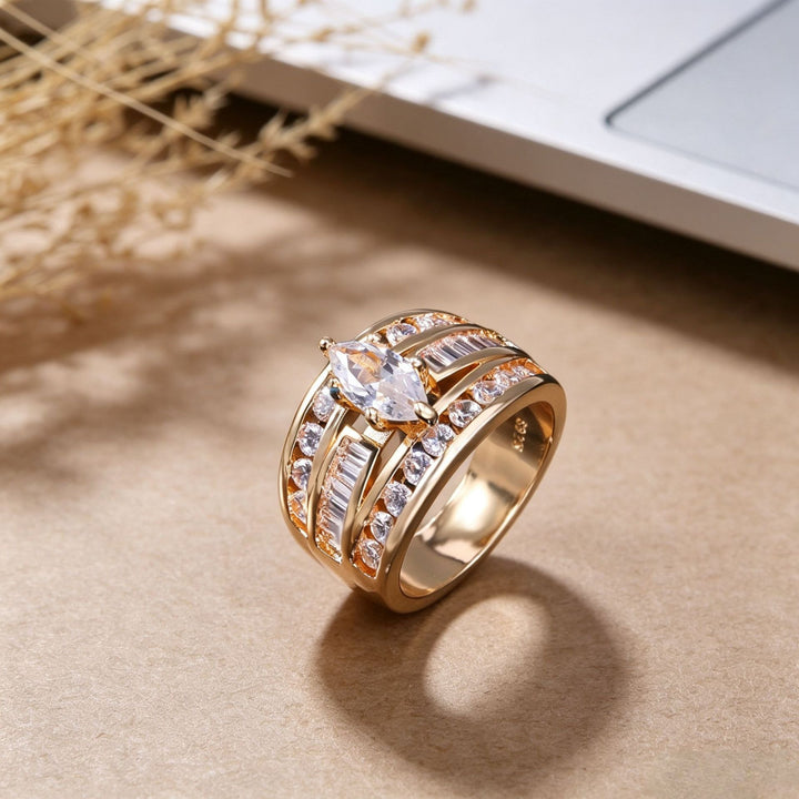 Vintage Wide Marquise Statement Mixed-Cut Pave Bands Ring
