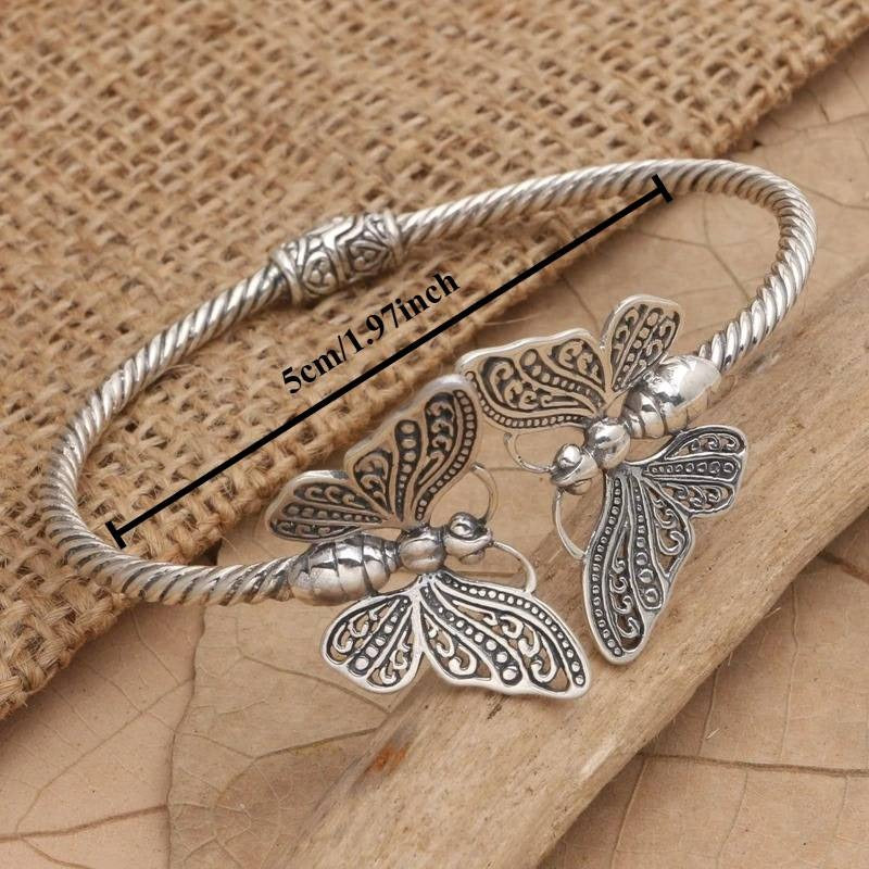 S925 Sterling Silver Twisted Texture Vintage Butterfly Open Cuff Bracelet