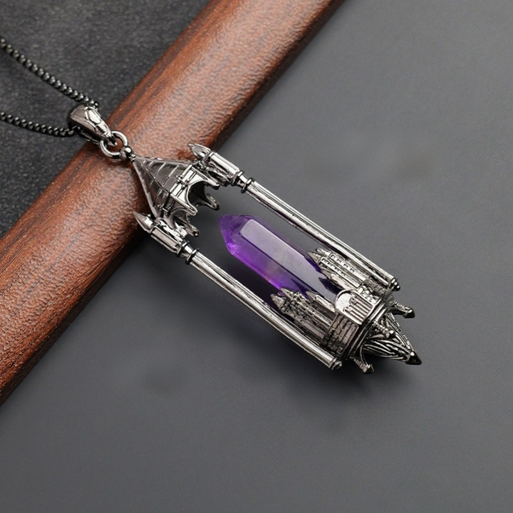 Gothic Boundary Guardian Natural Crystal Point Castle Pendant Necklace