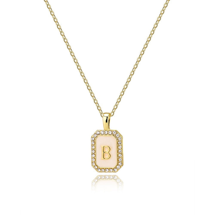 18K Gold Mother of Pearl Initial Necklace CZ Framed A-Z Square Letter Pendant