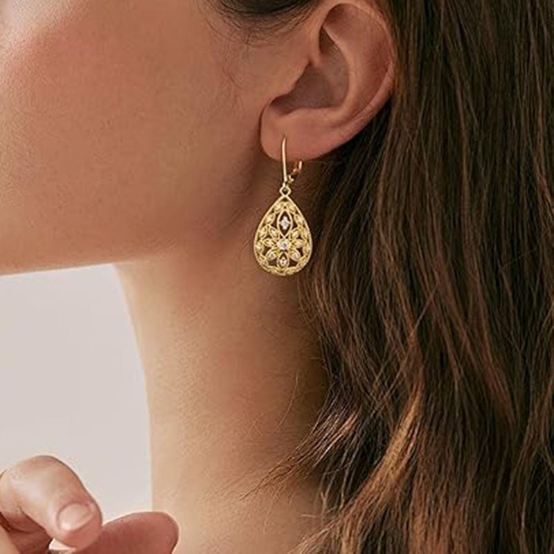 14K Gold Plated CZ S925 Silver Leverback French Vintage Teardrop Filigree Earrings