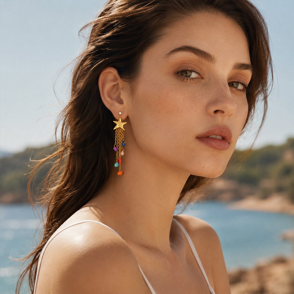 S925 Sterling Silver Starfish Natural Stone Tassel Earrings 18K Gold Bohemian Colorful Gemstone Dangle Earrings