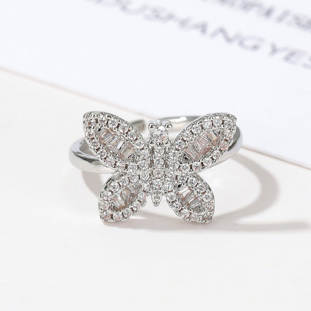 18K Gold 3D Butterfly Open Ring Luxe Pavé Adjustable Statement Ring
