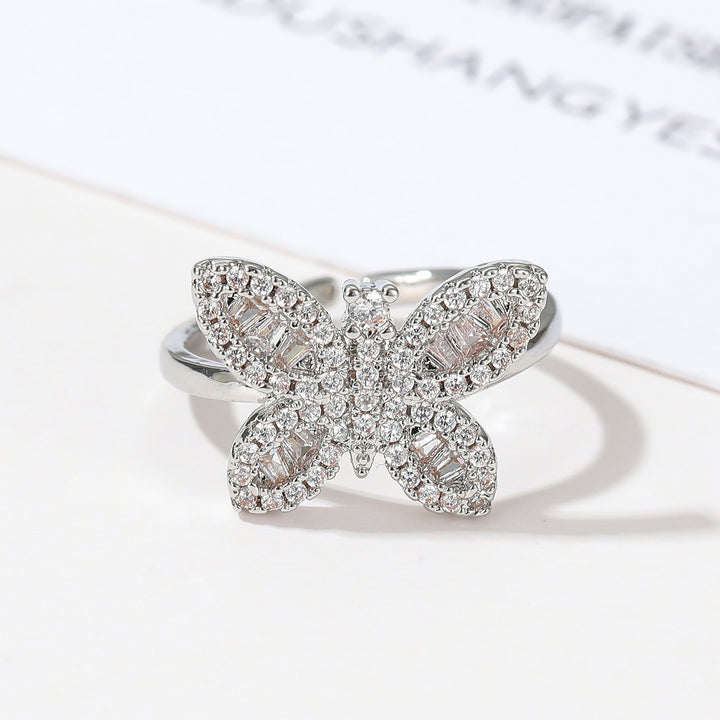 18K Gold 3D Butterfly Open Ring Luxe Pavé Adjustable Statement Ring