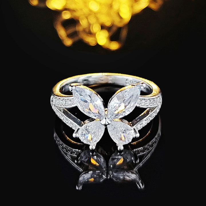 18K Gold Four-Stone Butterfly Open Ring Marquise CZ Adjustable Statement Ring