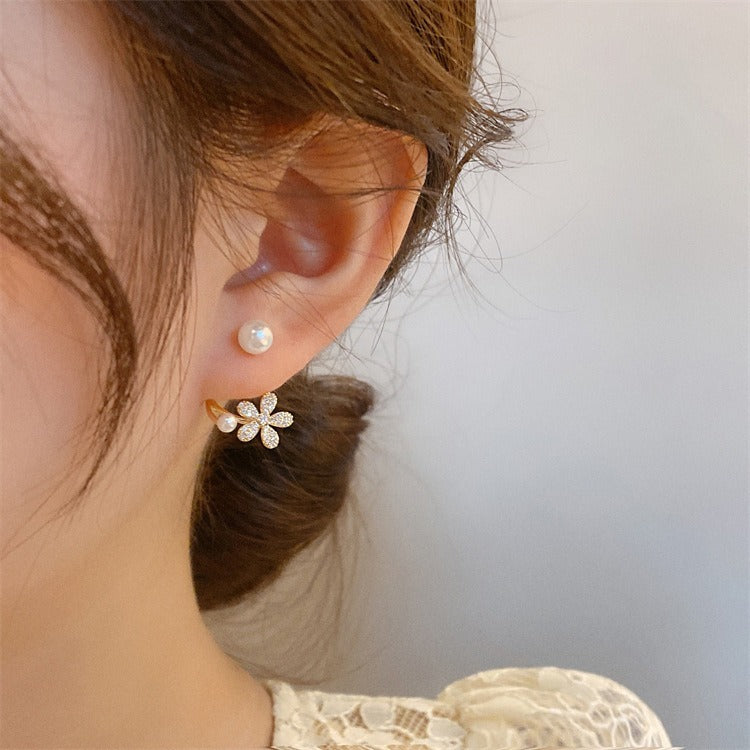S925 Silver Floral Pearl Ear Cuff & Stud Set French Romantic Earrings