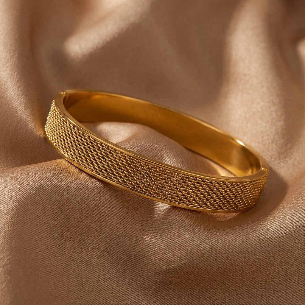 14K Gold Vintage Mesh & Twisted Bangle Classic Woven Texture Bracelet