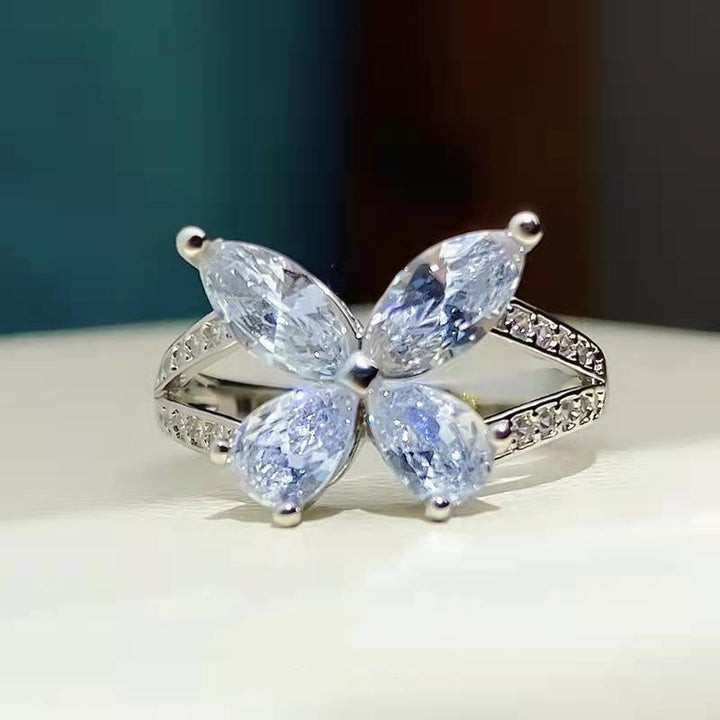 18K Gold Four-Stone Butterfly Open Ring Marquise CZ Adjustable Statement Ring