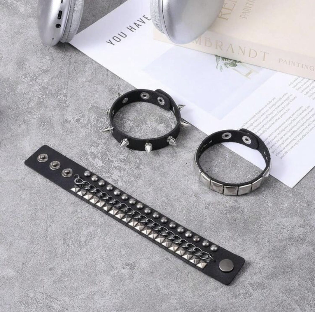 Vintage Rock Chic Studded Leather Bracelet Set