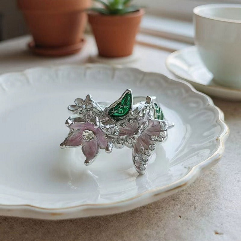 Vintage French Enamel Butterfly & Flower Open Ring