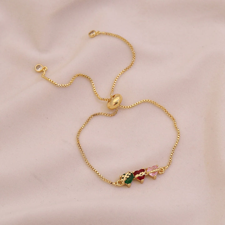 18K Gold Tri-Heart Necklace & Bracelet Colorful CZ Charm Chain