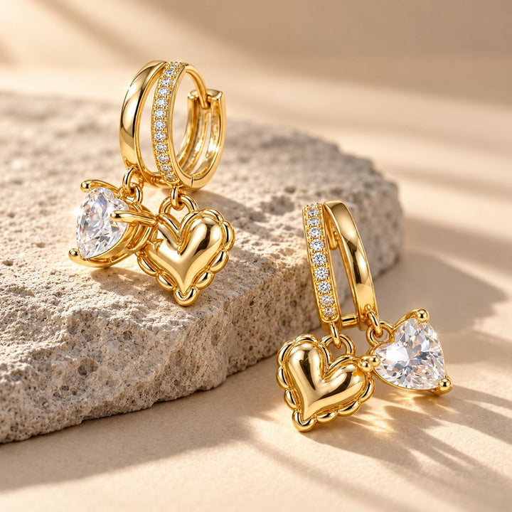 18K Gold Plated Double Heart Huggie Earrings