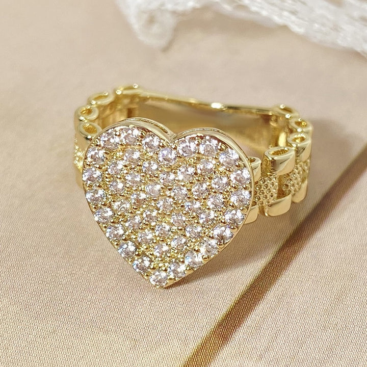 18K Gold Iced Out Heart Ring