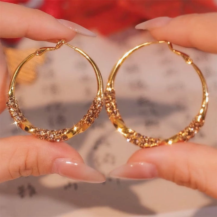 18K Gold Contrast Half-Pavé Hoop Earrings Modern Wide Band Statement Hoops