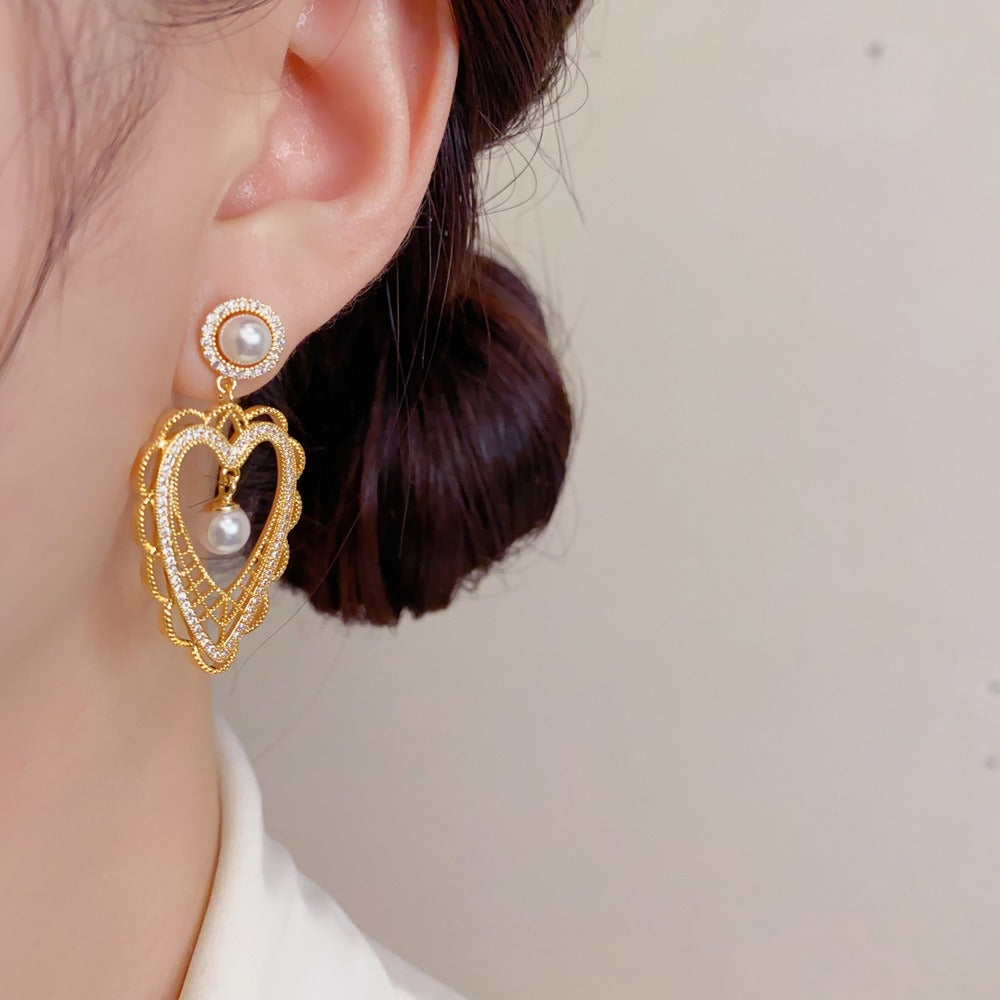 18K Gold & Silver Plated CZ Vintage Lace Heart Pearl Drop Earrings