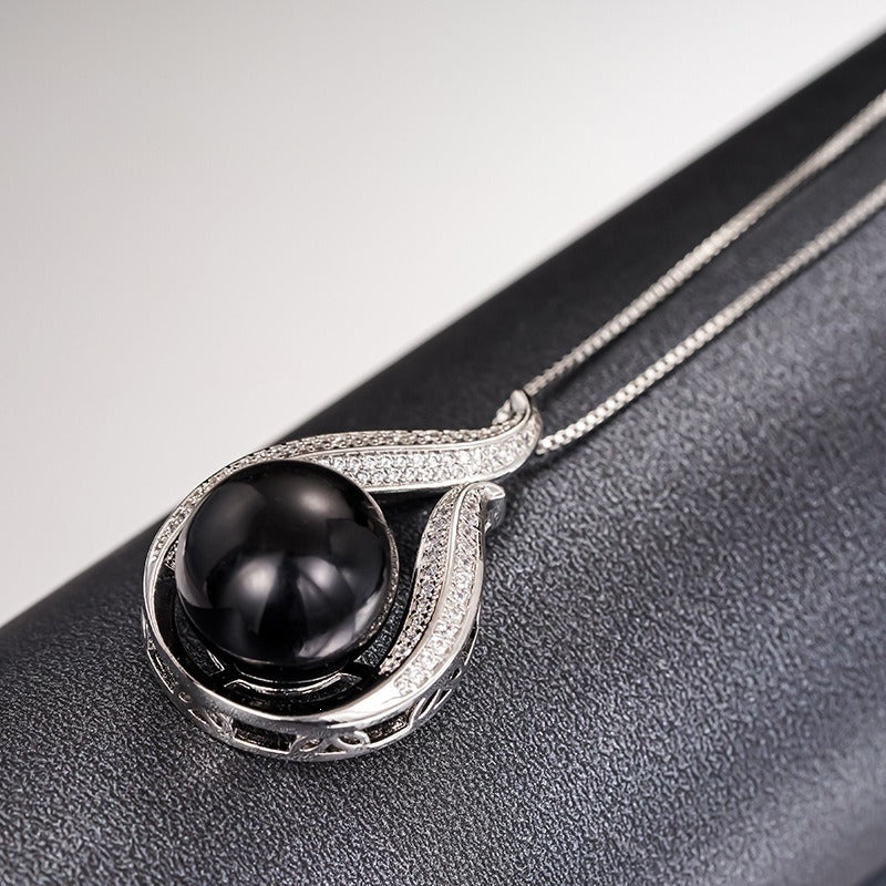 Silver Black Pearl & Pavé Streamline Necklace and Earrings Set