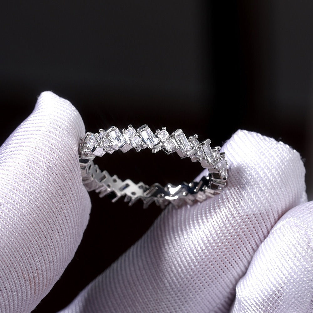 S925 Silver Art Deco Eternity Band Alternating Baguette & Round Cut CZ Ring