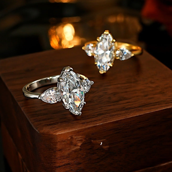 S925 Sterling Silver Classic Three-Stone Marquise Ring Vintage Elegant Engagement Ring