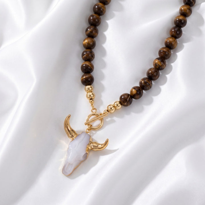 Vintage Western Cow Skull Beaded Necklace | Boho Tiger's Eye Chunky Statement Chain