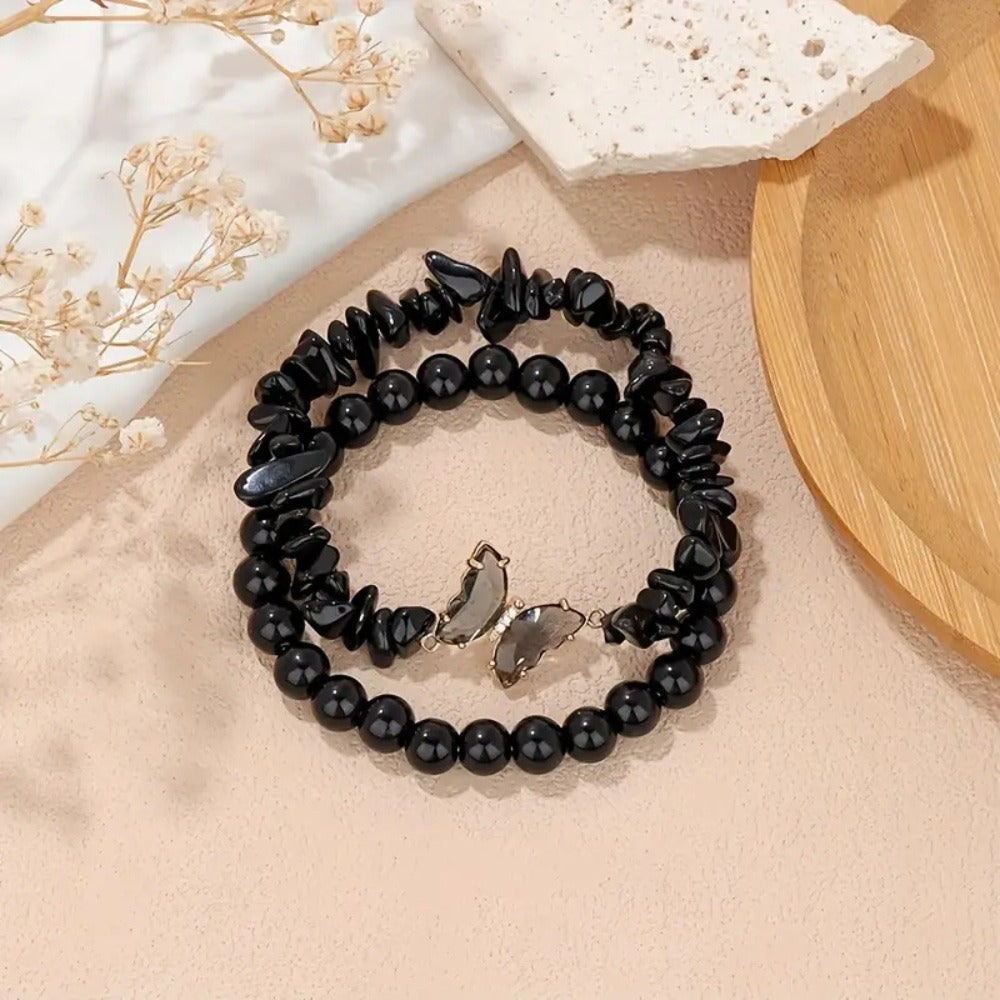Butterfly Charm Natural Crystal Beaded & Chip Bracelet Set