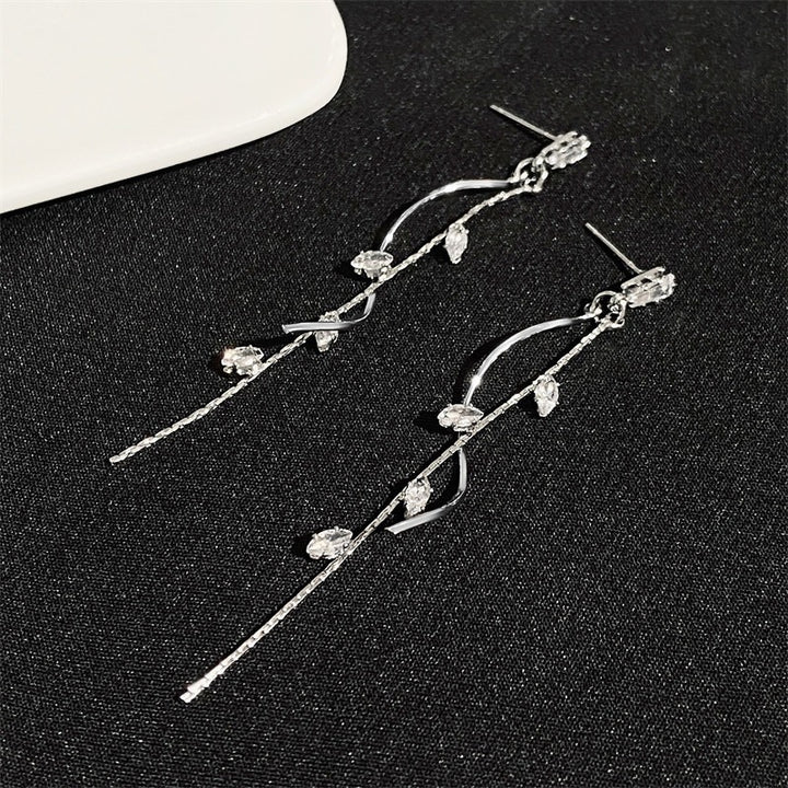 S925 Silver Vine Leaf Tassel Threader Earrings Ethereal Marquise CZ Long Drop Earrings