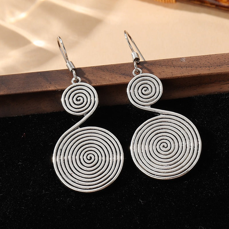 Vintage Spiral Drop Earrings Oxidized Silver-Tone Double Disc Dangle