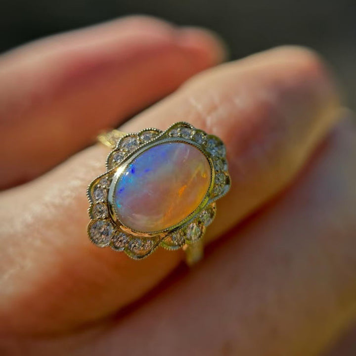 18K Gold Vintage Opal Ring Lace Halo Scalloped CZ Statement Ring